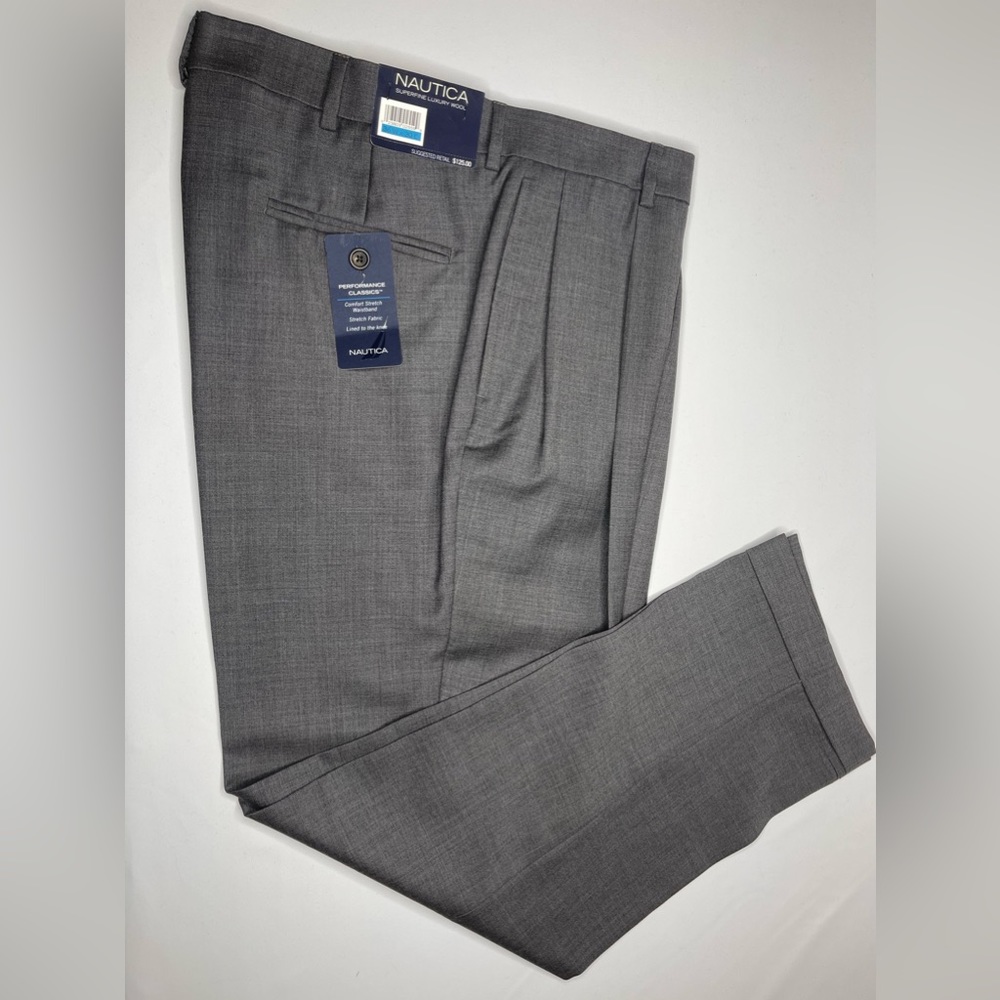 Nautica 36WX30L Cuffed Gray 100% Finish Wool Excellent Condition Never Worn